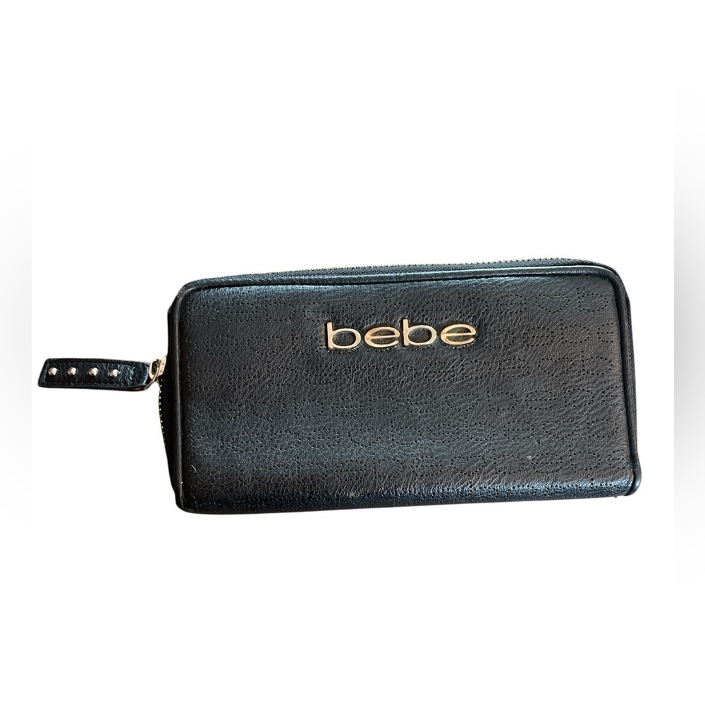 Bebe Sherine Black Gold Zip Around Wallet Y2K McBling Baddie Vintage Logo